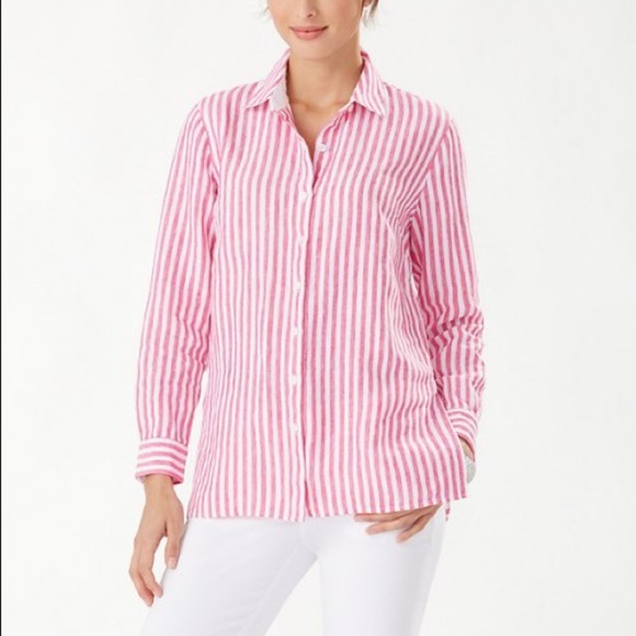 Tommy Bahama Cabana Blue & Red Striped 100% Linen Button Down Shirt Size XS - Picture 3 of 9
